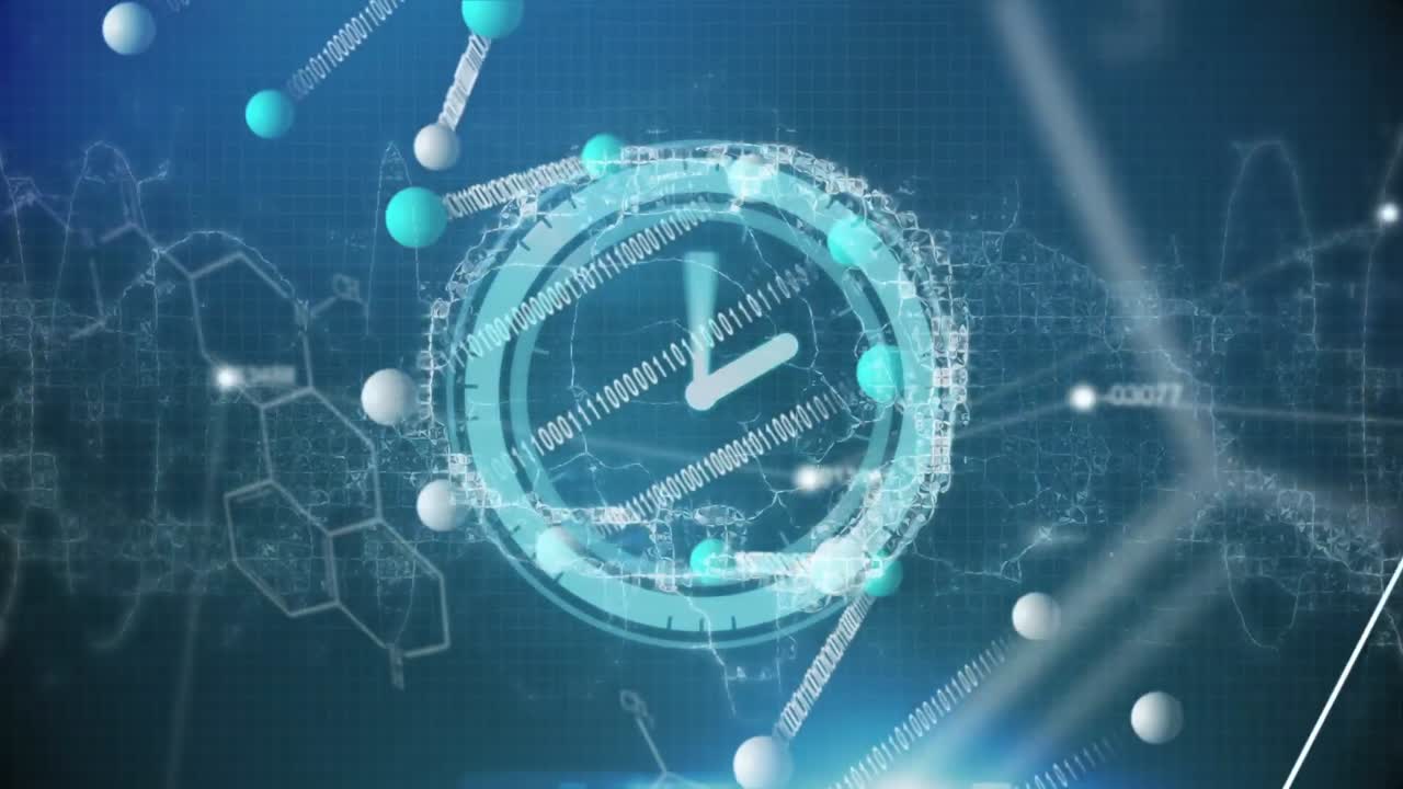 dna 가닥 위에 시계 움직임과 디지털 뇌의 애니메이션