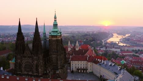 aerial view above prague at sunrise