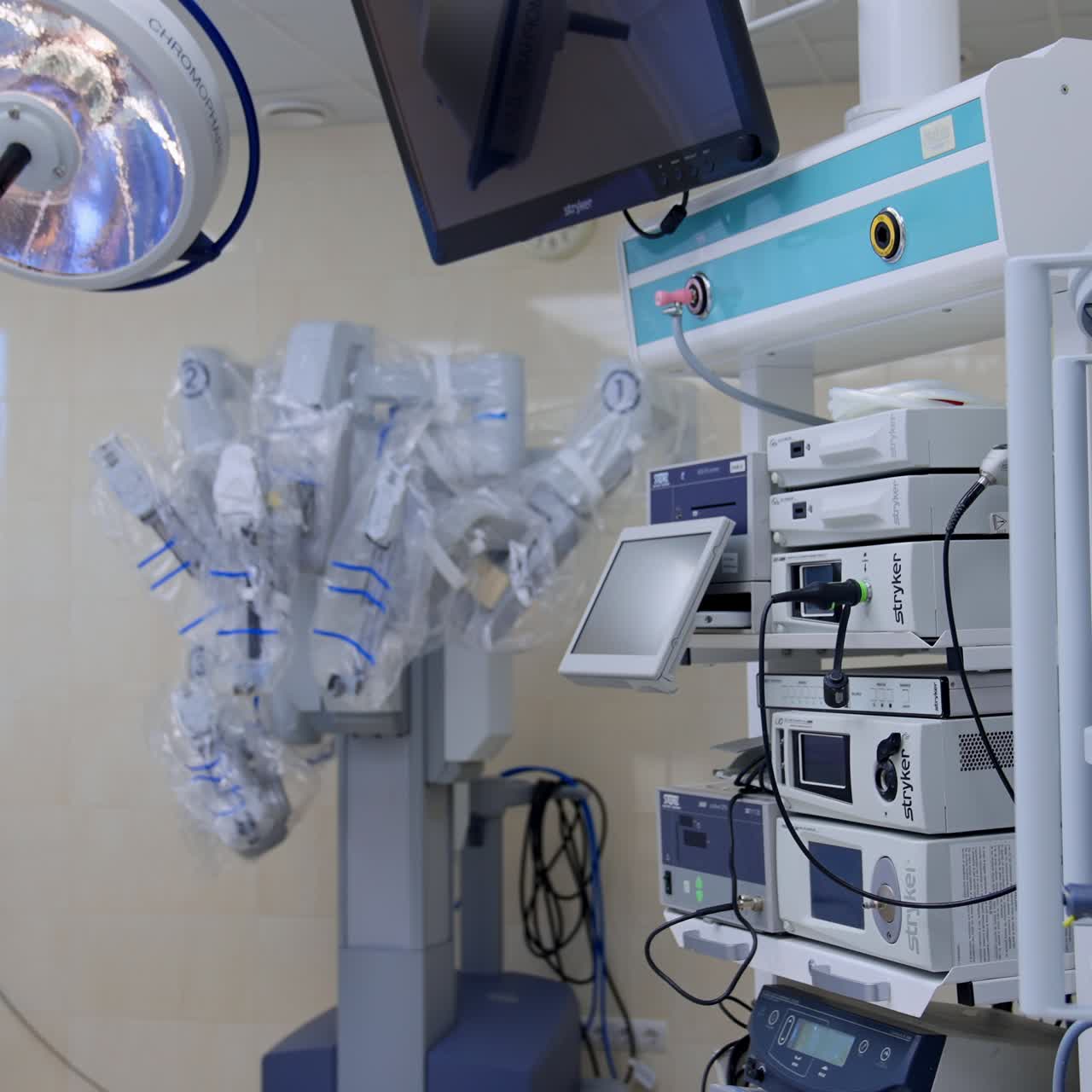 Da Vinci robot covered in plastic and other advanced equipment in the modern surgery room. Empty operational room with no personnel or patients