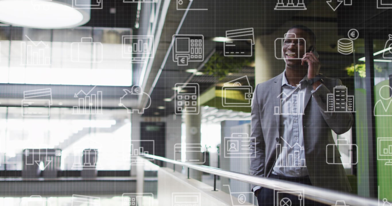 Animation of data processing over african american businessman using smartphone