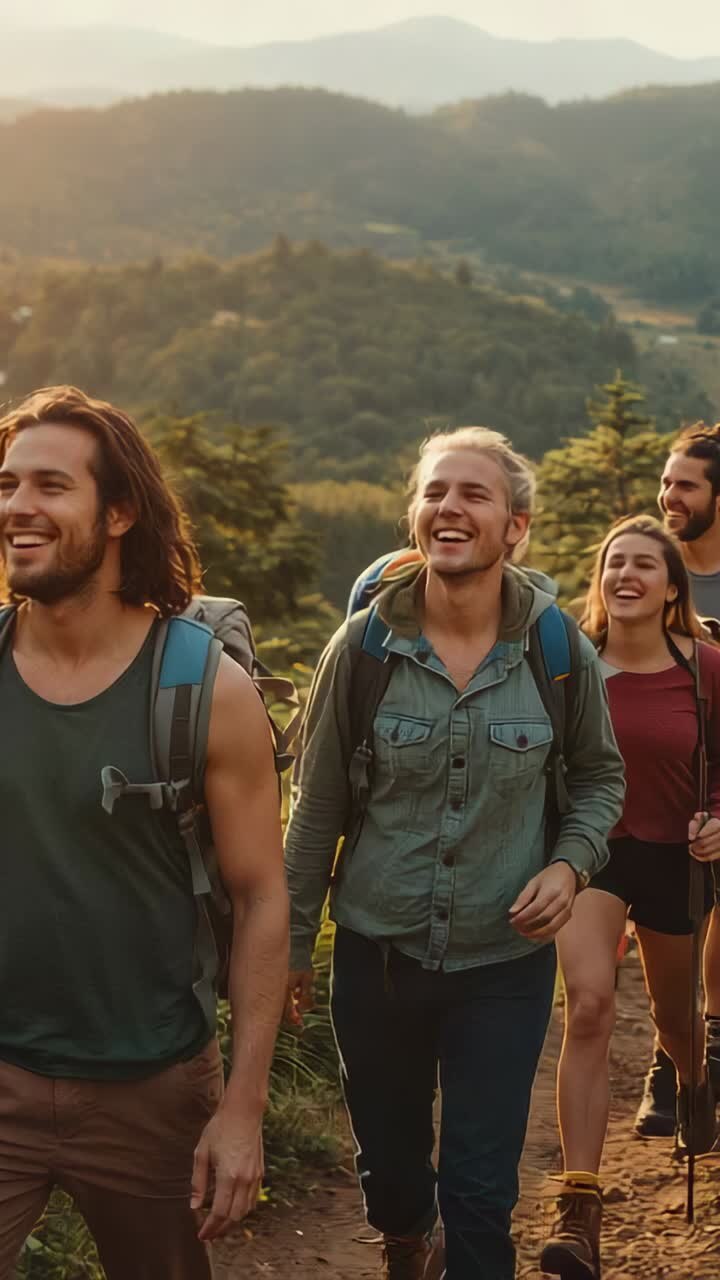 Vertical video: Entering left hiking blond man bun in green shirt seeking sunset on trail, backpack