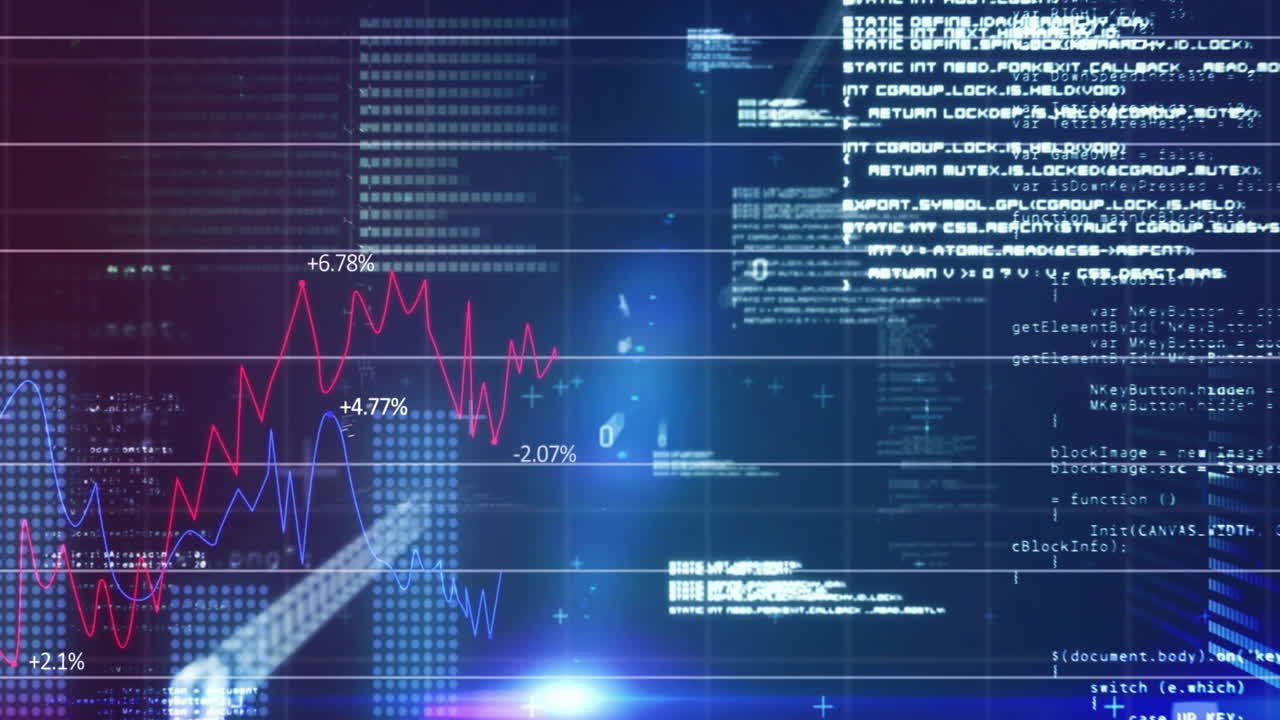 Animation of financial data processing over dark background