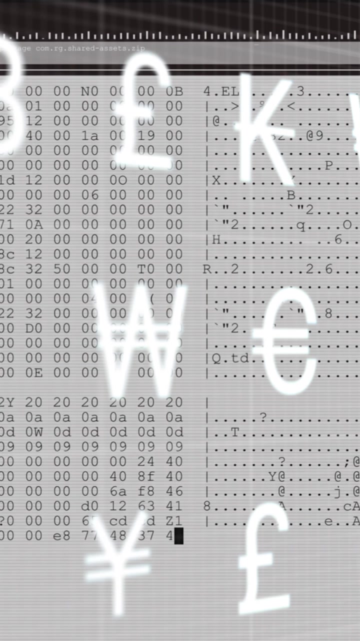 Animation of multiple currency symbols moving over data processing against white background