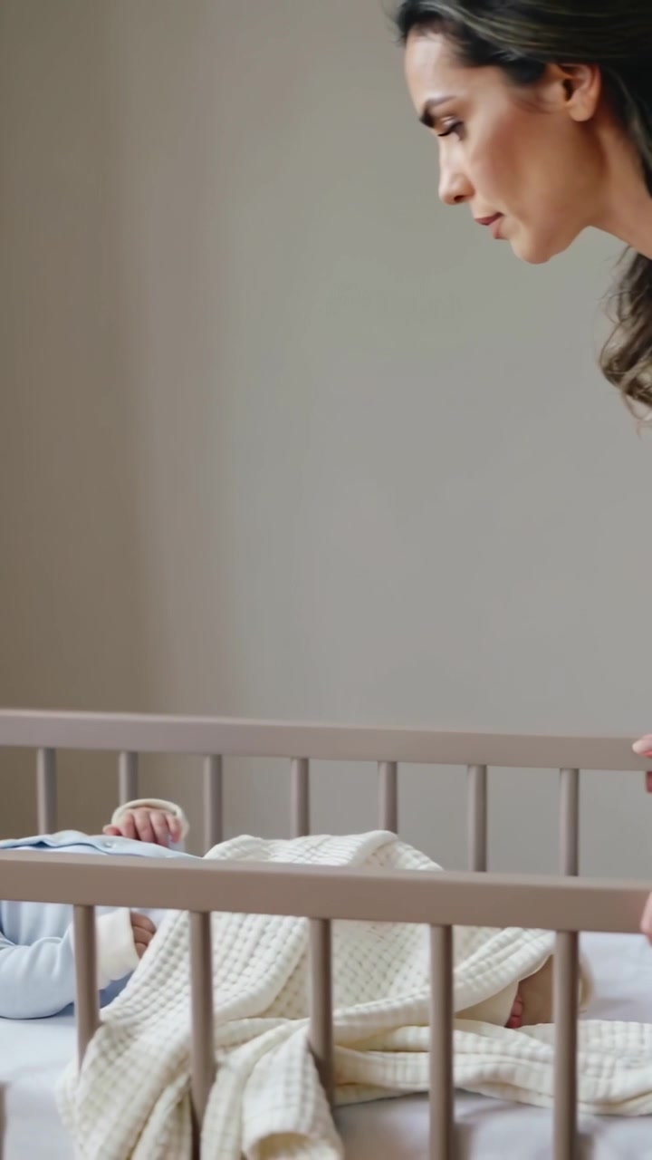Vertical video: Leaning mother checking baby in nursery at crib after baby wakes, copy space