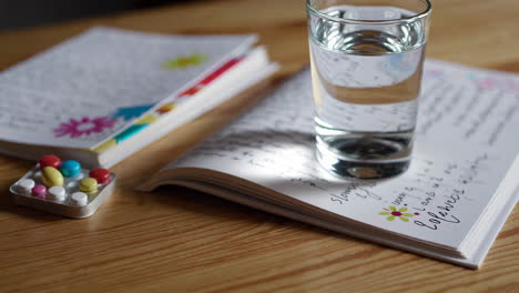 health journal with medication and water