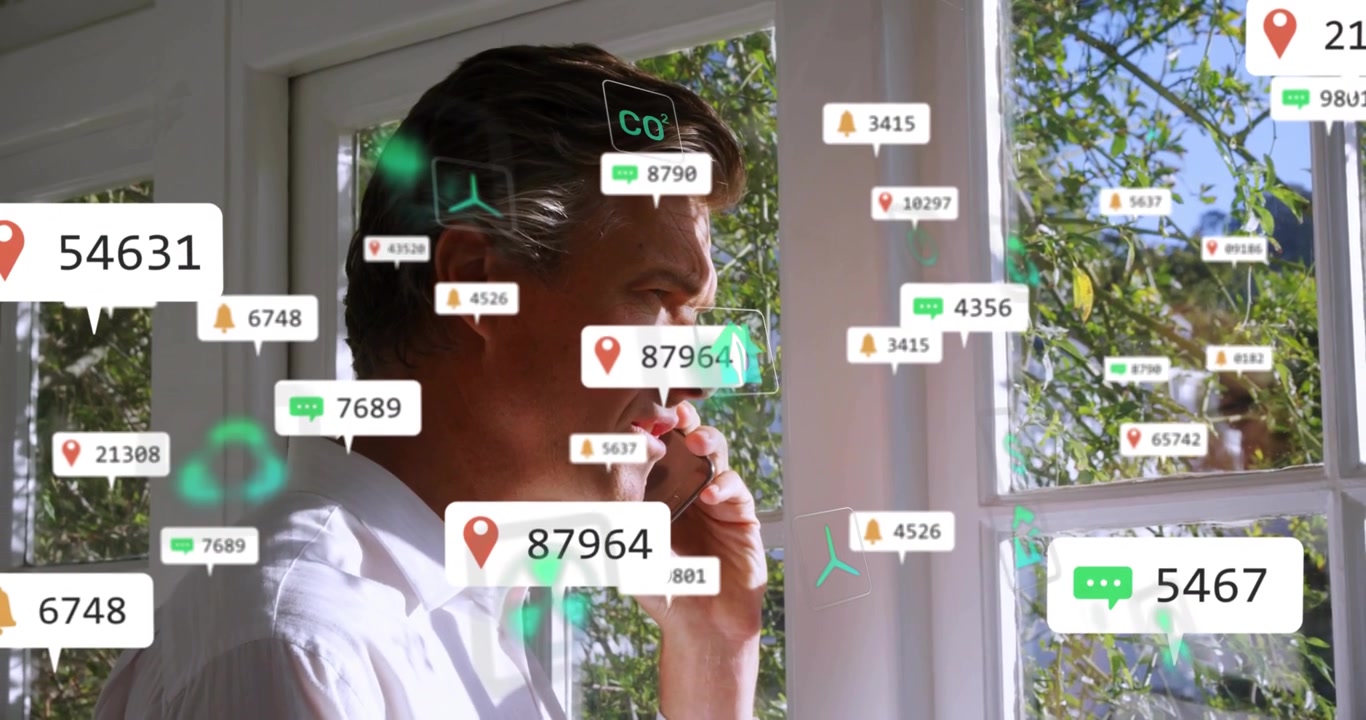 Man holding phone to ear speaking, starting business AR overlays growing around chest and window