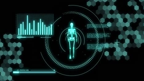 Animation-Der-Datenverarbeitung-Mit-Scope-Scanning-Und-Menschlichem-Skelett-Auf-Schwarzem-Hintergrund