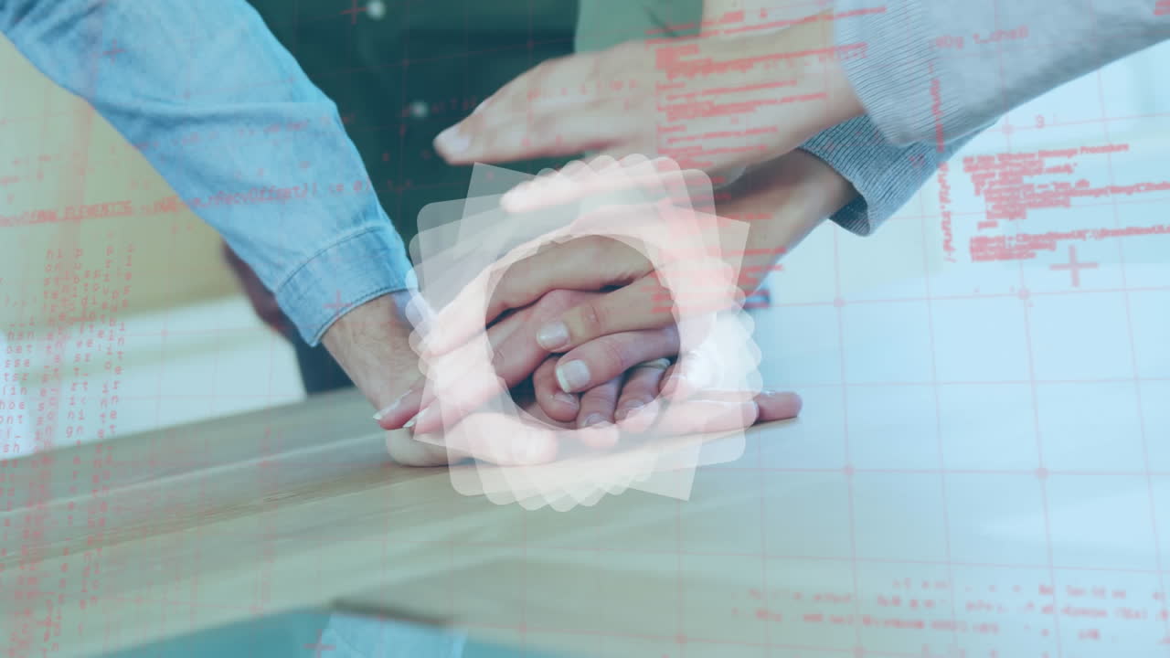 animación de escaneo de alcance y procesamiento de datos sobre personas apilando manos