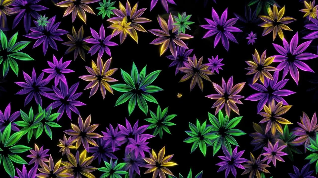 Abstract Animation of Glowing Colorful Flowers Floating on Black Background