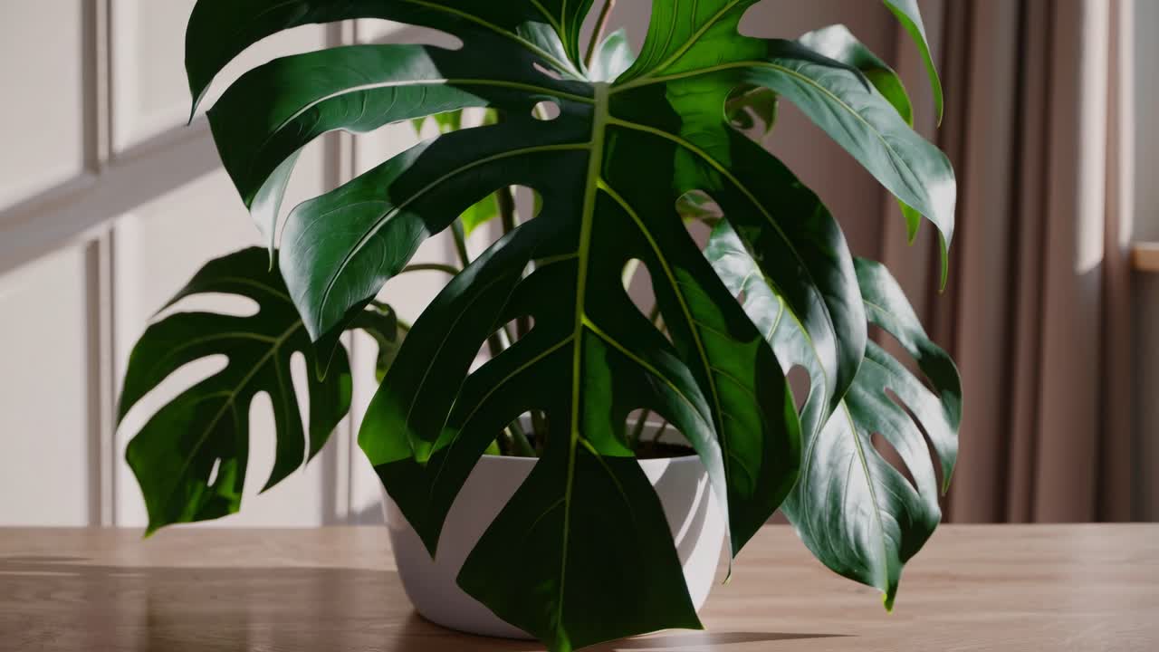 Primer plano de una hoja de monstera vibrante con luz natural suave, capturada desde un ángulo lateral, perfecta