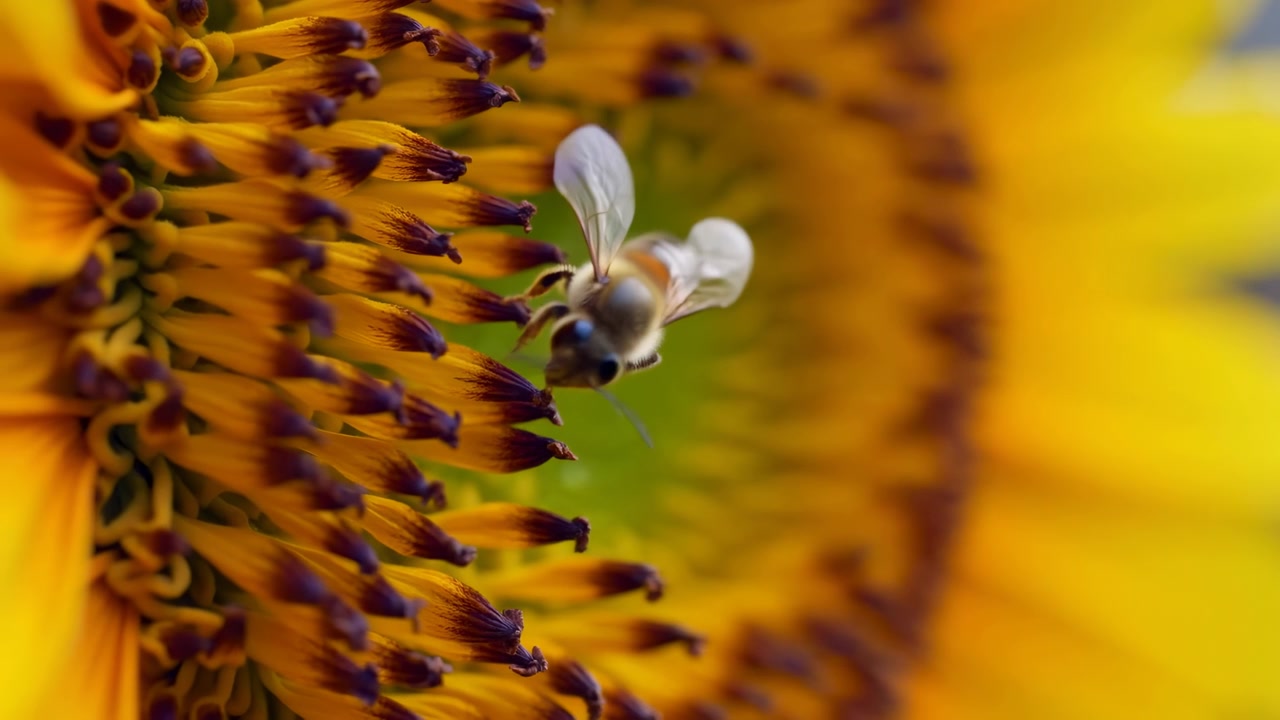Close-up macro scene of a bee hovering beside the textured center of a bright yellow sunflower, with pollen-covered florets, soft focus, and a blurred natural