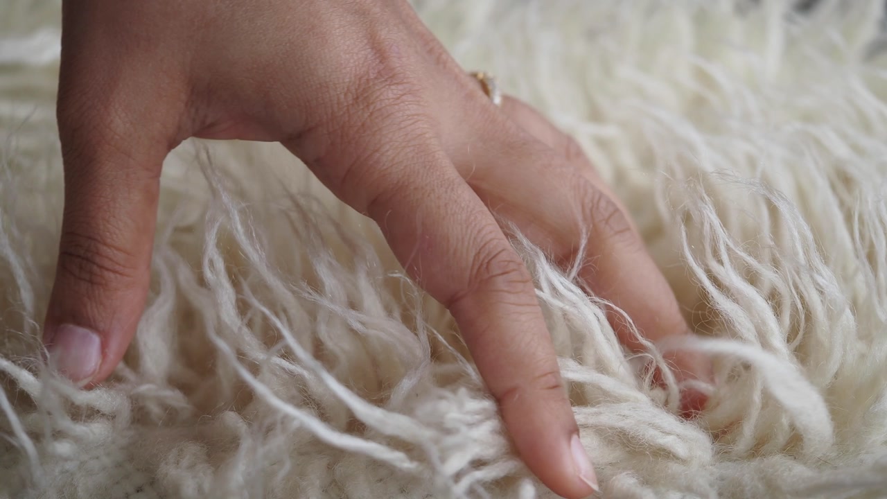 Woman's Hand Gently Touching Soft White Fluffy Wool