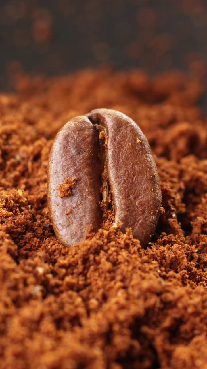 Vertical view coffee powder grind falls into a been, close up studio product details