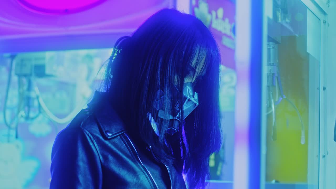 Woman in Arcade, Neon-lit Setting