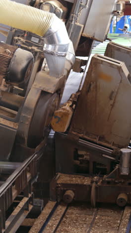 Modern woodworking plant. Process of robotic machinery on a sawmill. Industrial equipment working with tree trunks. Vertical video