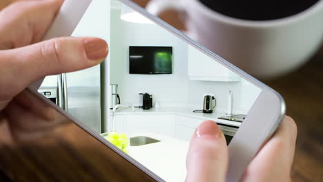 persona que sostiene un teléfono inteligente con interiores de cocina modernos mostrados en la pantalla