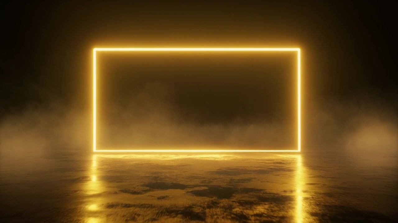 Cornice rettangolare al neon gialla luminosa con nebbia su pavimento riflettente