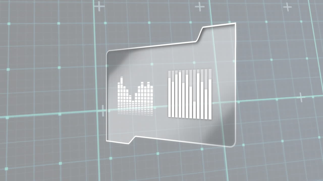 Animation of financial data processing on screen over grid on grey background