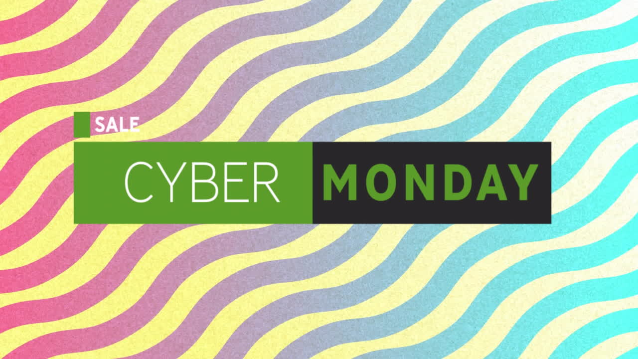 Animation of cyber monday sale text over vibrant pattern background