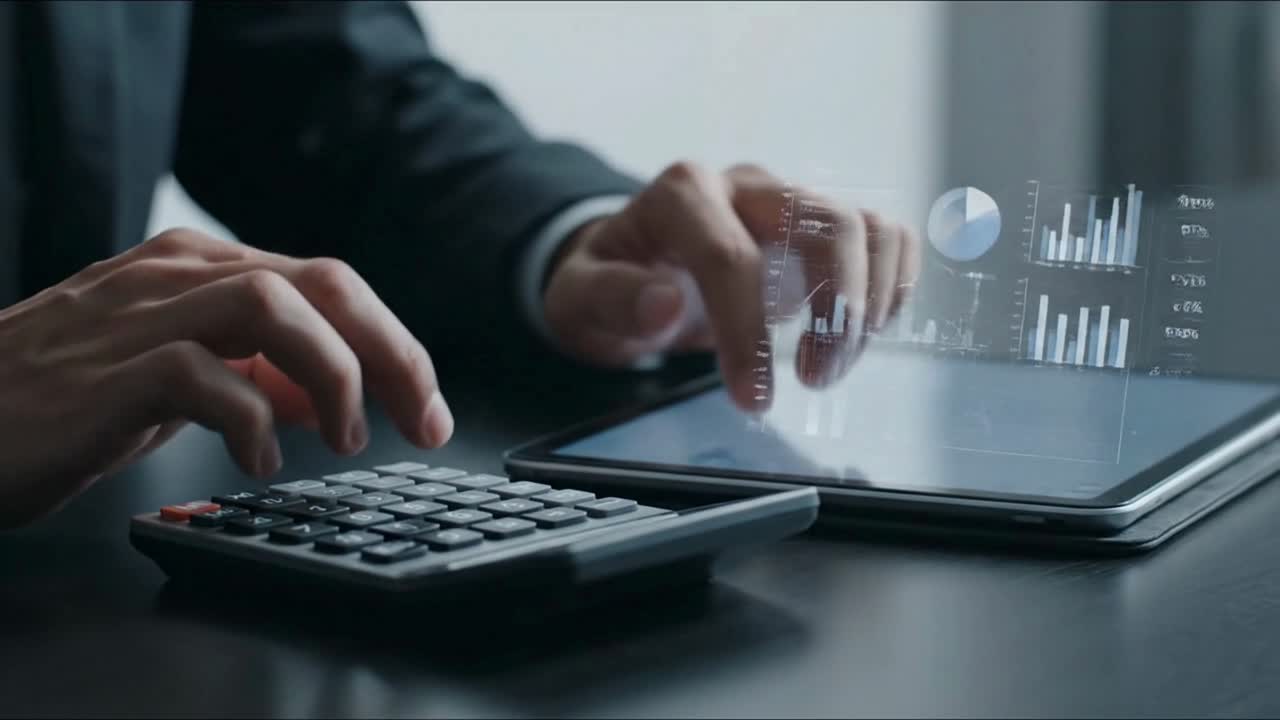 Accountant using a calculator and tablet for financial business calculations