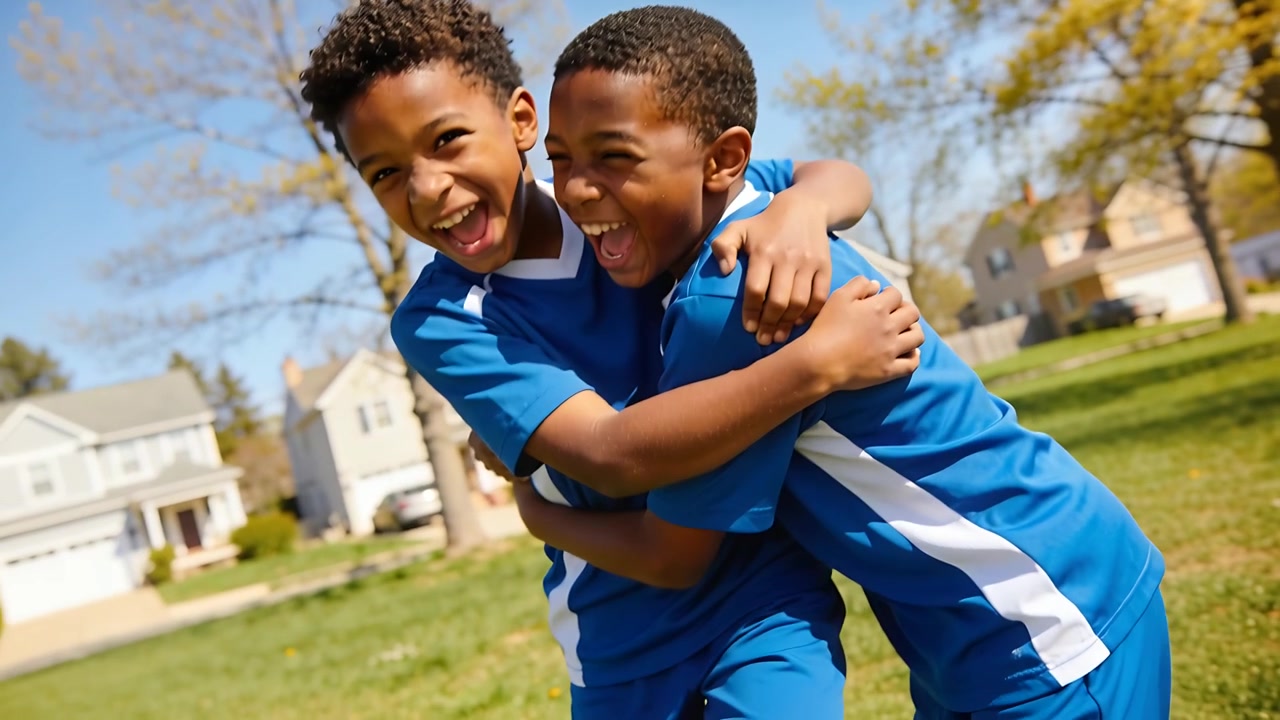 Deux garçons s'enlaçant sur une pelouse de banlieue, vêtus de maillots de football bleus.