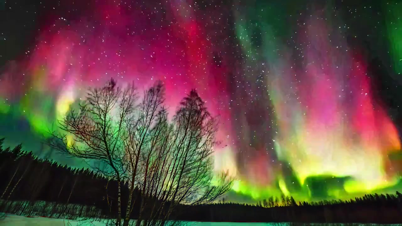 Vivace Aurora Boreale che danza su un paesaggio invernale innevato
