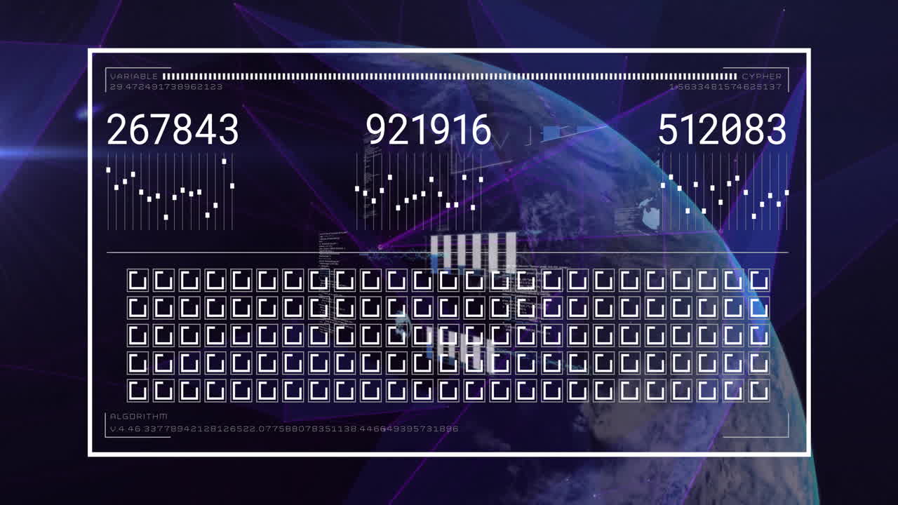Animation of data processing on interface over globe in night sky