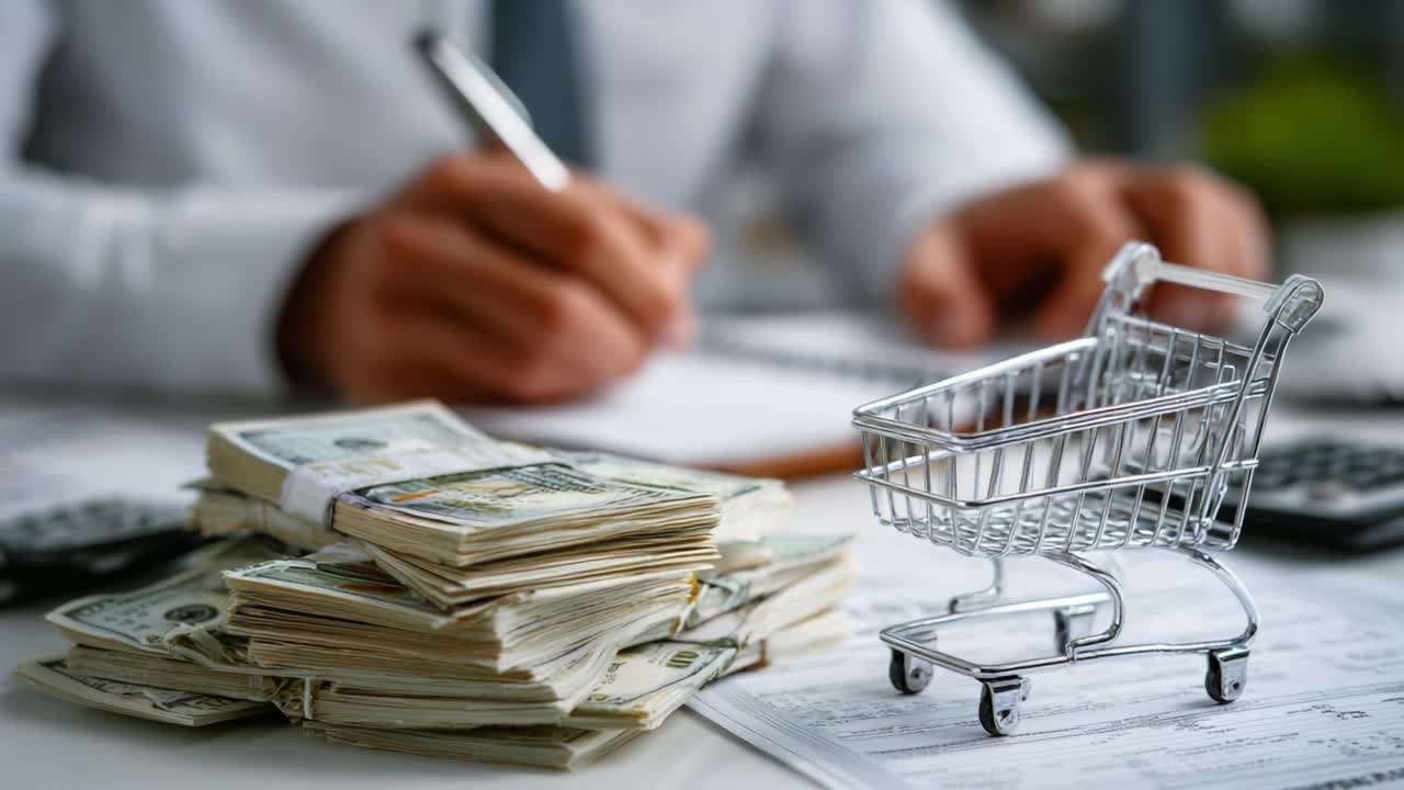 Explorando o Planejamento Financeiro: Um close-up de moeda, cálculo e um carrinho de compras representando escolhas econômicas e decisões de consumo.