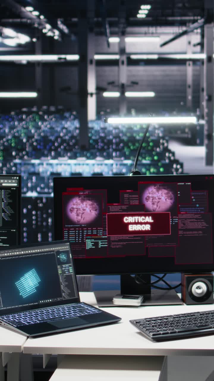Vertical video Data center team of engineers tries to fix critical error warning while using AI