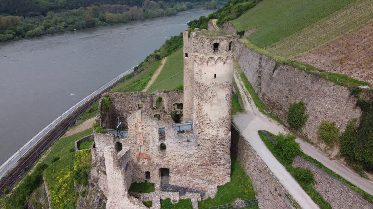 Burg Ehrenfels Castle ruins amid hillside vineyards of Rhine river gorge, Germany
