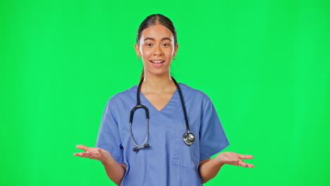 Healthcare,-green-screen-and-woman-doctor-showing