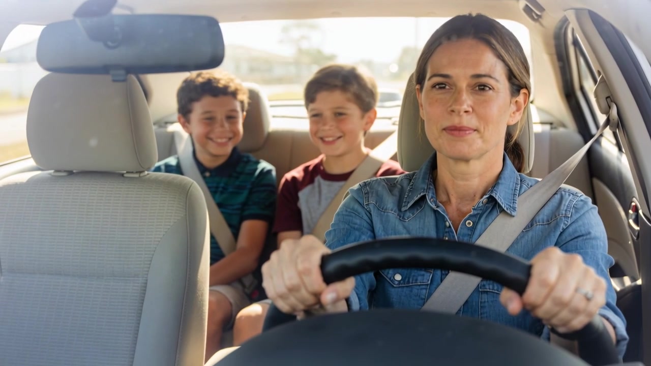 Motorista com camisa jeans virando-se para falar após os meninos sorrirem, mantendo as mãos no volante no carro, com cinto de segurança.