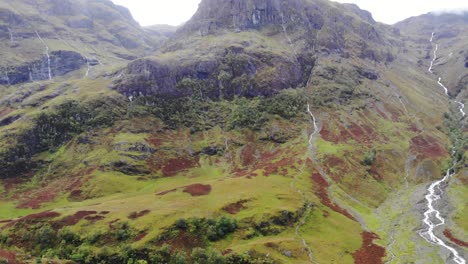 vista aérea del pintoresco paisaje de las montañas de glencoe con el río corriendo hacia abajo