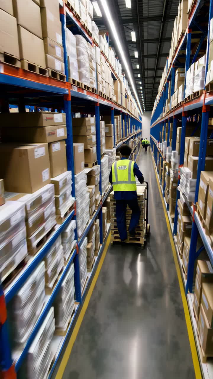 Interior de almacén con trabajador y palés
