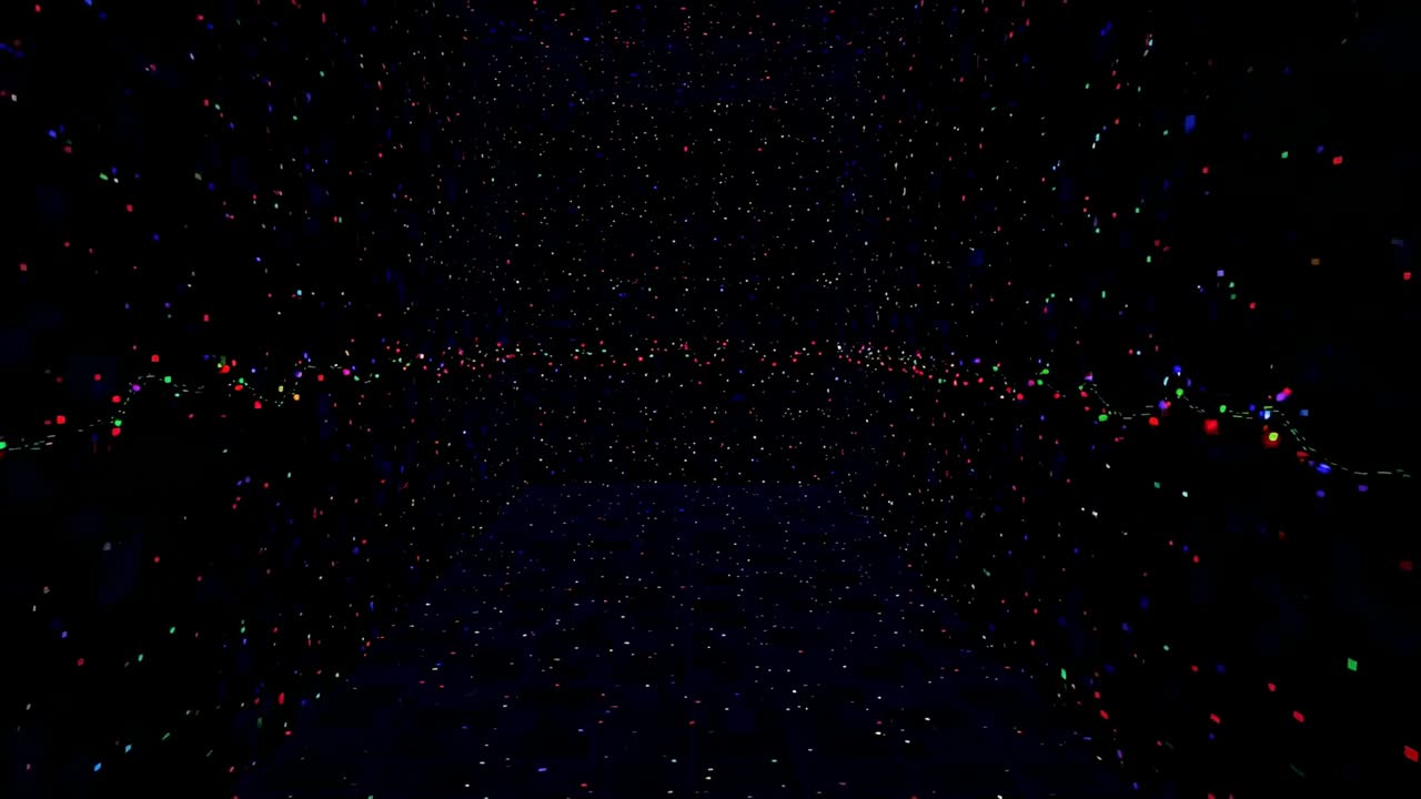 Flickering RGB band shifting across dark stage, playback starting, specks twinkling, faint mirror