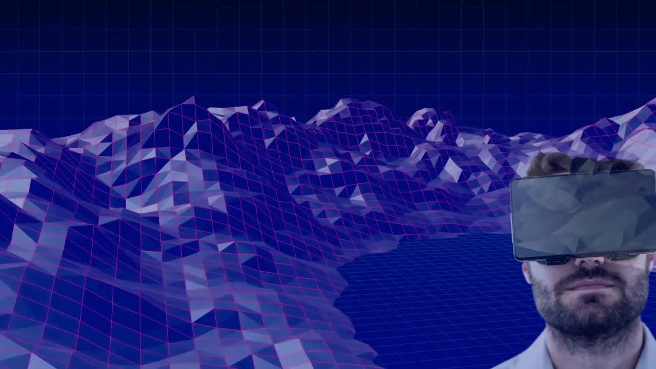 Caucasian man wearing vr headset against 3d mountain structures spinning against blue background