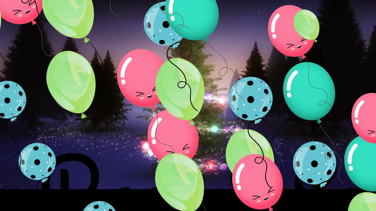 Animazione di una stella cadente natalizia e palloncini su un paesaggio invernale