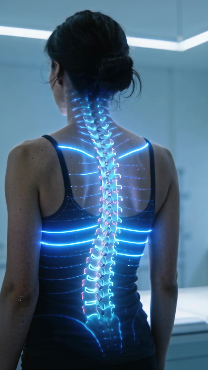 Vídeo vertical: Holograma ativando, mulher de blusa preta virando na clínica, coluna vertebral iluminando para exame