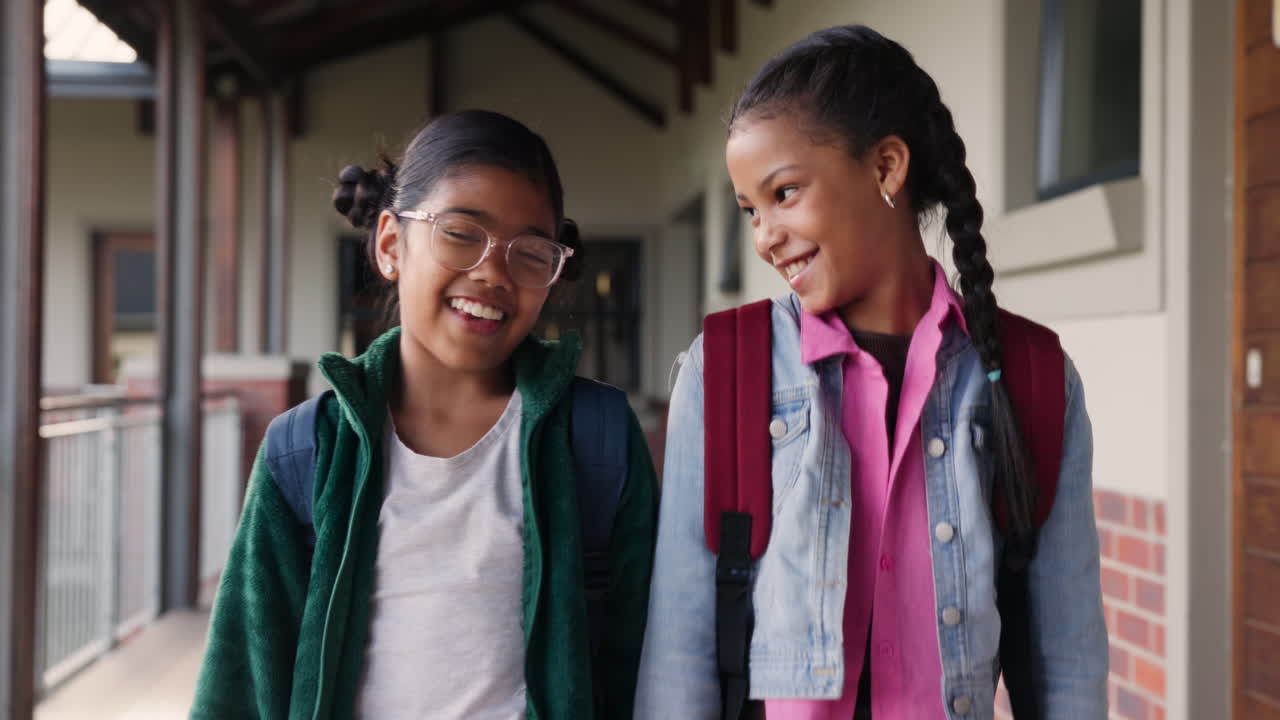 Two school girls walking in a hallway