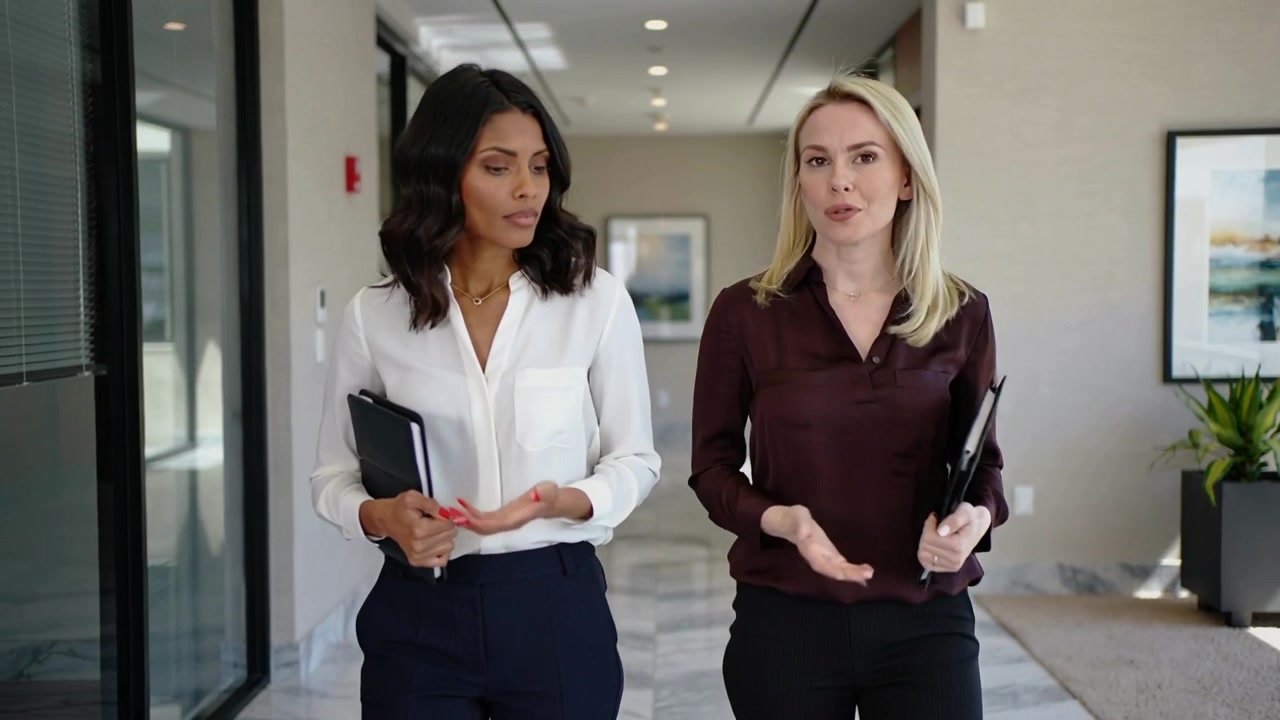 Heading to meeting, two women in white, burgundy tops walking and gesturing at office, portfolios