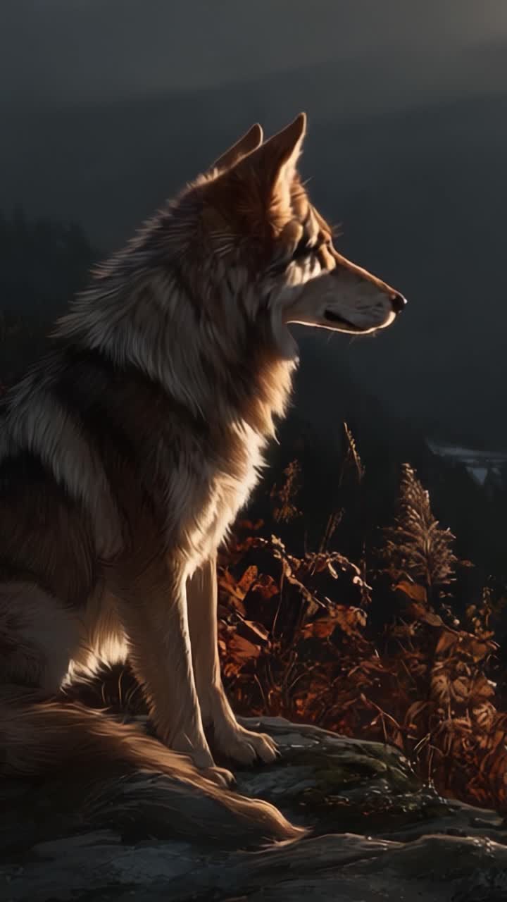 Un lobo majestuoso silueteado contra un atardecer encantador, capturando la esencia de la naturaleza salvaje y la belleza natural