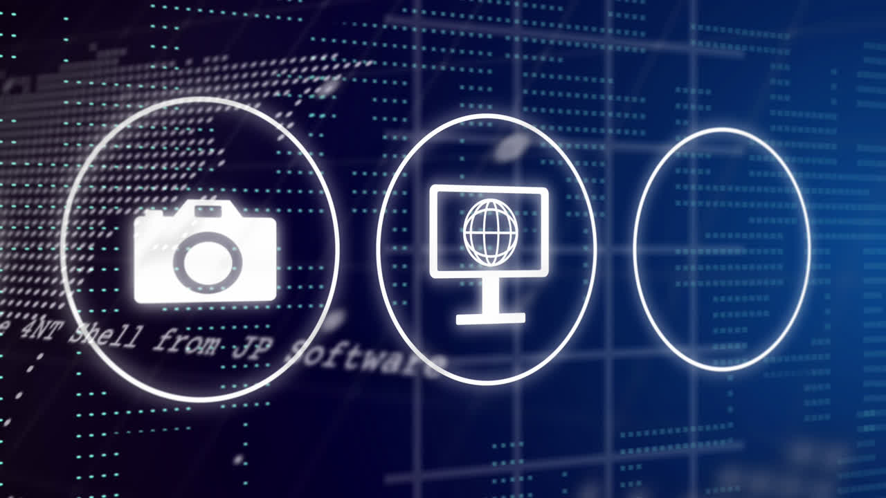 아이콘, 세계 지도 및 데이터 처리를 가진 지구의 애니메이션