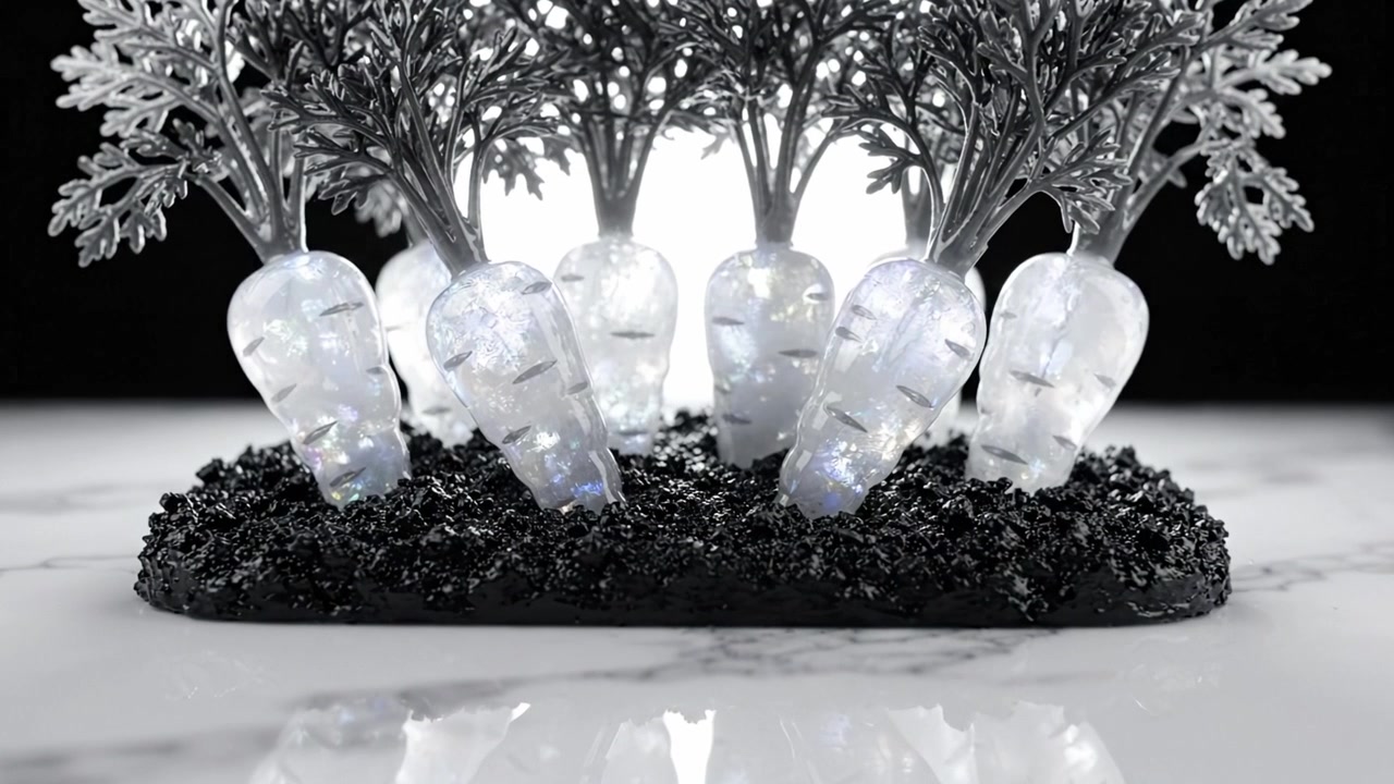 Un'esposizione creativa di sculture a forma di carota, stilizzate con superfici lucide e vegetazione elaborata, ambientate su uno sfondo lucido in bianco e nero.
