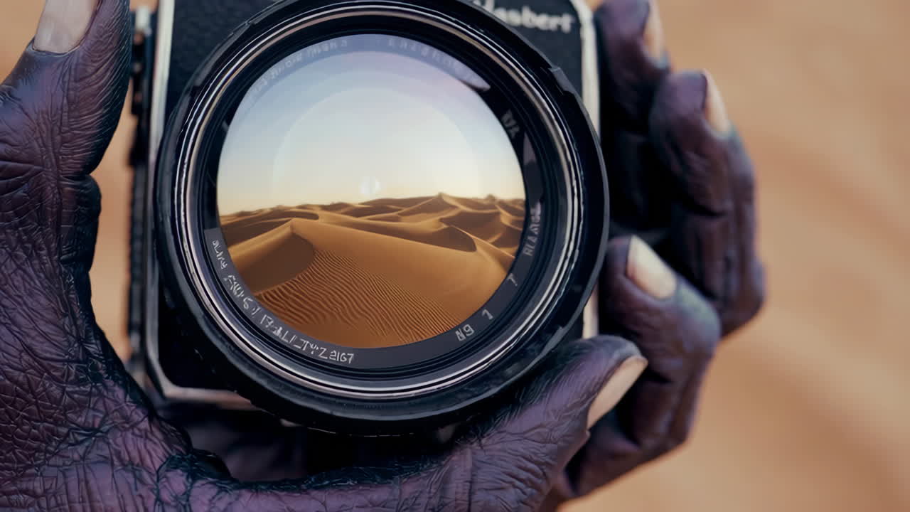 Primo piano di un obiettivo di macchina fotografica vintage focalizzato sulle dune di sabbia