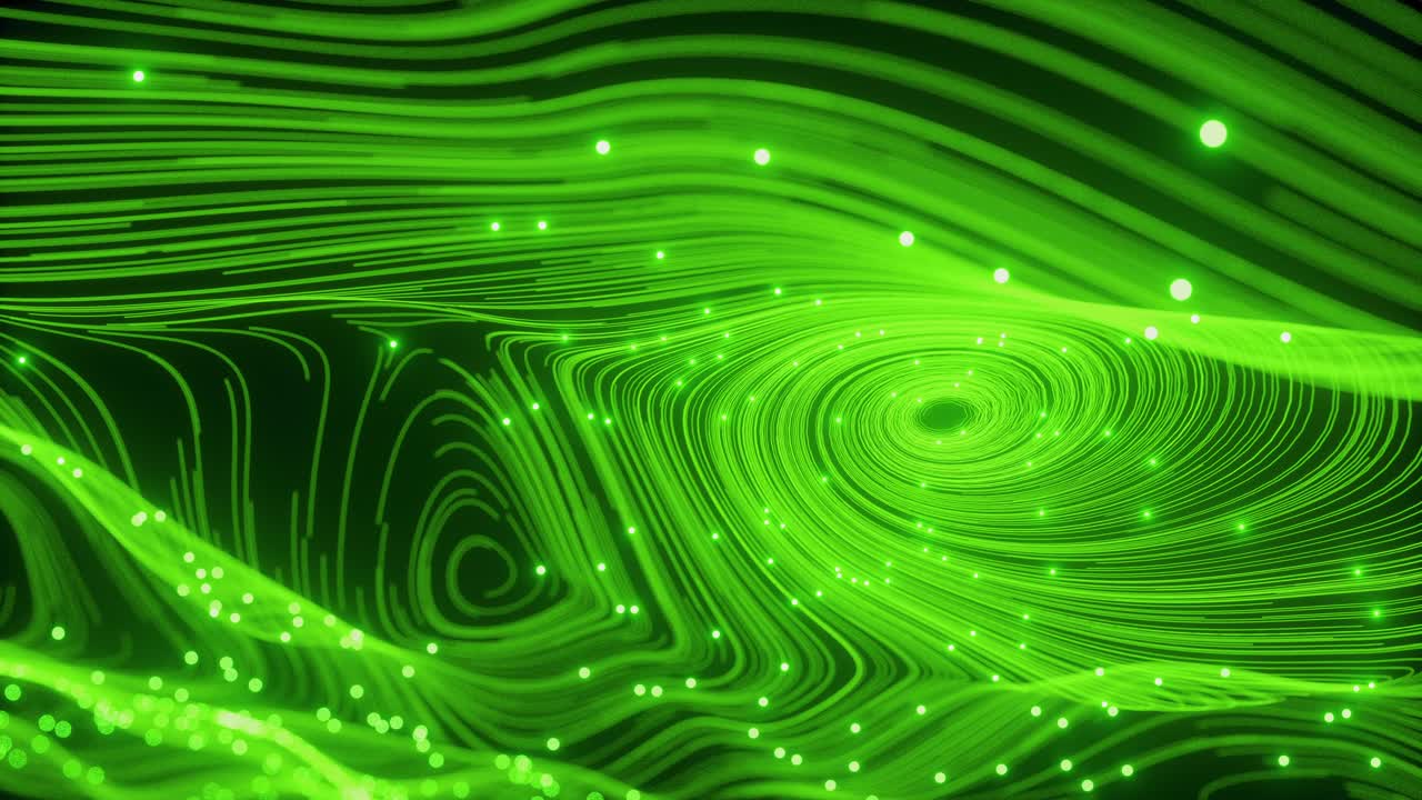 Astrazione digitale: onde verdi sfocate animate di particelle e linee