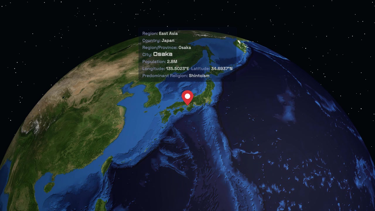 Digital globe rotates and zooms from space to Osaka Japan with informational text overlay