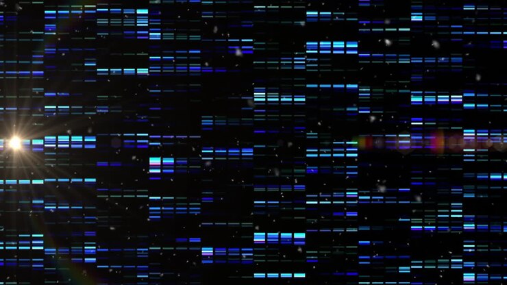 DNA strand and binary coding, scientific data processing animation
