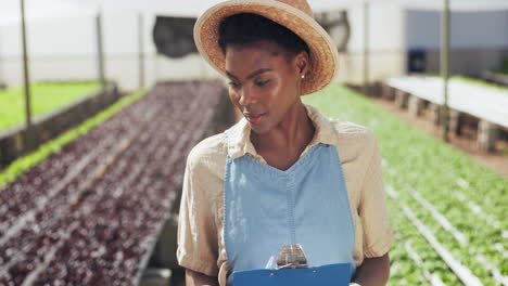 woman farmer checking produce in greenhouse