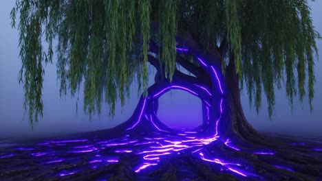 mystical tree portal with glowing purple roots