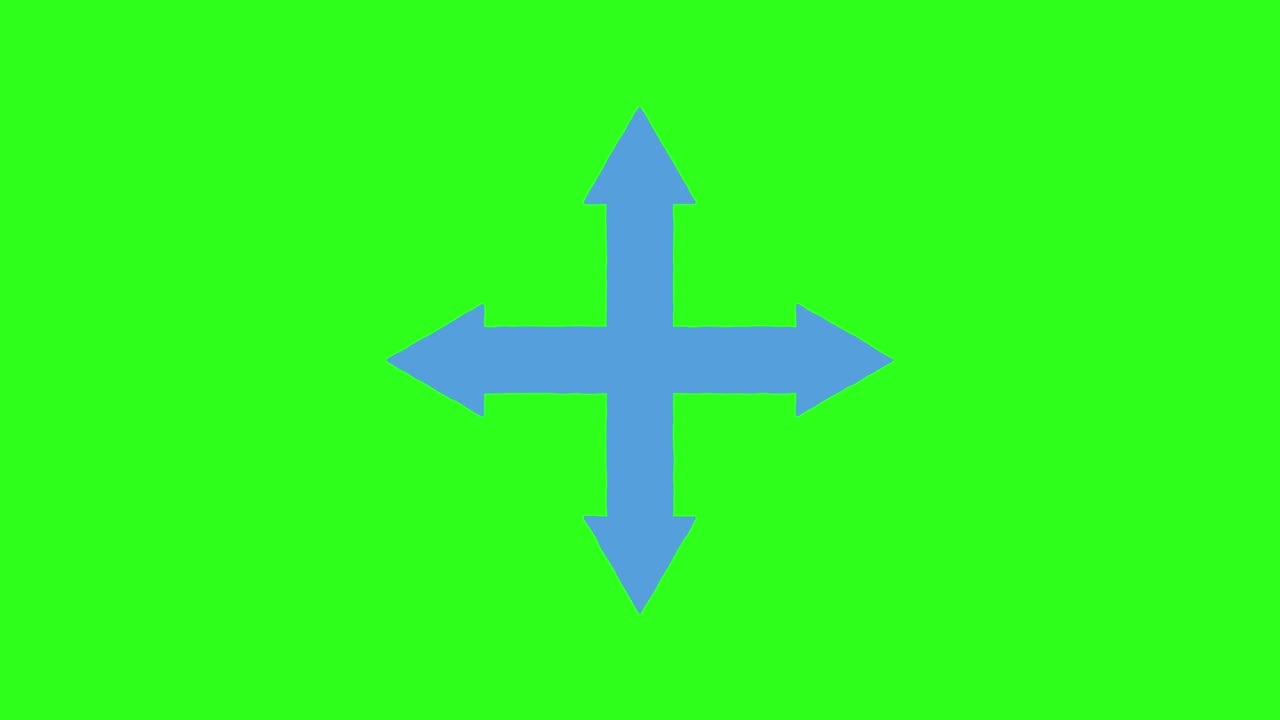 Blue four-directional arrows smoothly expand outward on a vibrant green grid, creating dynamic movement
